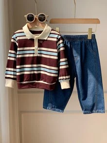 SHEIN 嬰兒男/女童、幼兒 2件組秋冬抓絨加厚休閒可愛條紋 POLO 套裝、衛衣套裝、丹寧牛仔褲、嬰兒冬季套裝、聖誕節 - 咖啡棕 - 查看 7