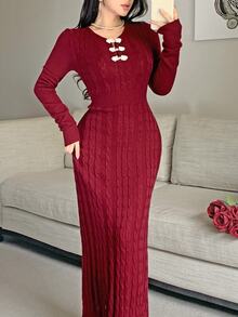 Feyla Women's Vintage Fashion Frog Button Sweater Dress - Burgundy - View 3