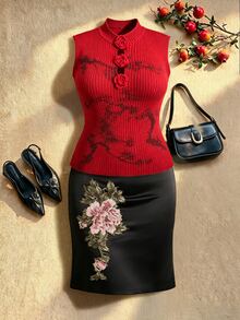 EastFlair Plus Size Women's Floral Embroidered Elegant Bodycon Skirt - Black - View 9