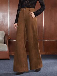 Anewsta Women's Wide Leg Loose Suede Fleece Thickened Long Pants With Pockets - Camel - View 3
