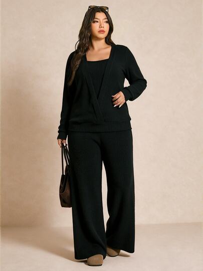 Edennvi Plus Size Women Casual Black Knit Crew Neck Long Sleeve 2 In 1 Top And Black Pants 2 Pieces Set