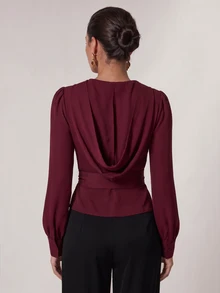 COSMINA Women's Hooded Wrap Balloon Sleeve Long Sleeve Blouse Top - Burgundy - View 7