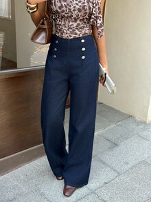 Rivivi Petite Women's Waist Button Design Wide Leg Loose Casual Denim Jeans - Dark Wash - View 5