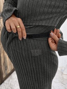 Slowluna 孕婦純色圓領長袖T恤與長褲休閒哺乳兩件套 - 深灰色 - 查看 9