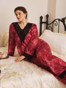 Côtesoire Plus Size Elegant Mature Floral Print Lace Patchwork Pajama Set, Southern French Style - Multicolor - View 5