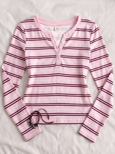 SHEIN Tween Girl Button Half-Placket Striped Long Sleeve Casual T-Shirt