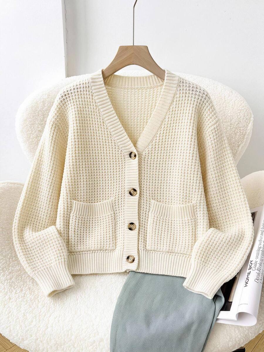 SHEIN Tween女孩優雅刺繡蕾絲花瓣領公主風長袖鈕扣開襟單排扣針織外套,休閒時尚公主風,適合學校、度假、旅行、生日派對,秋冬/四季皆宜 - 白色 - 查看 1