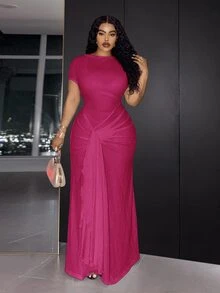 Slaydiva فستان أنيق بأسلوب عملي كاجوال جديد للربيع/الصيف للحفلات والعشاء والمواعيد الرسمية والزفاف، بقصة ضيقة، بلون أبيض موحد، شبه شفاف، بياقة قارب، مقاسات كبيرة - روز أحمر - مشاهدة 4