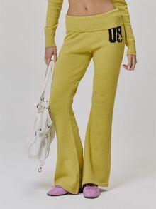 MUSERA Fold Over Ribbed Low Waist Graphic Knitted Fitted Flare Jogger Cute Daily Vintage Y2K Back To School Primary - Yellow - View 2