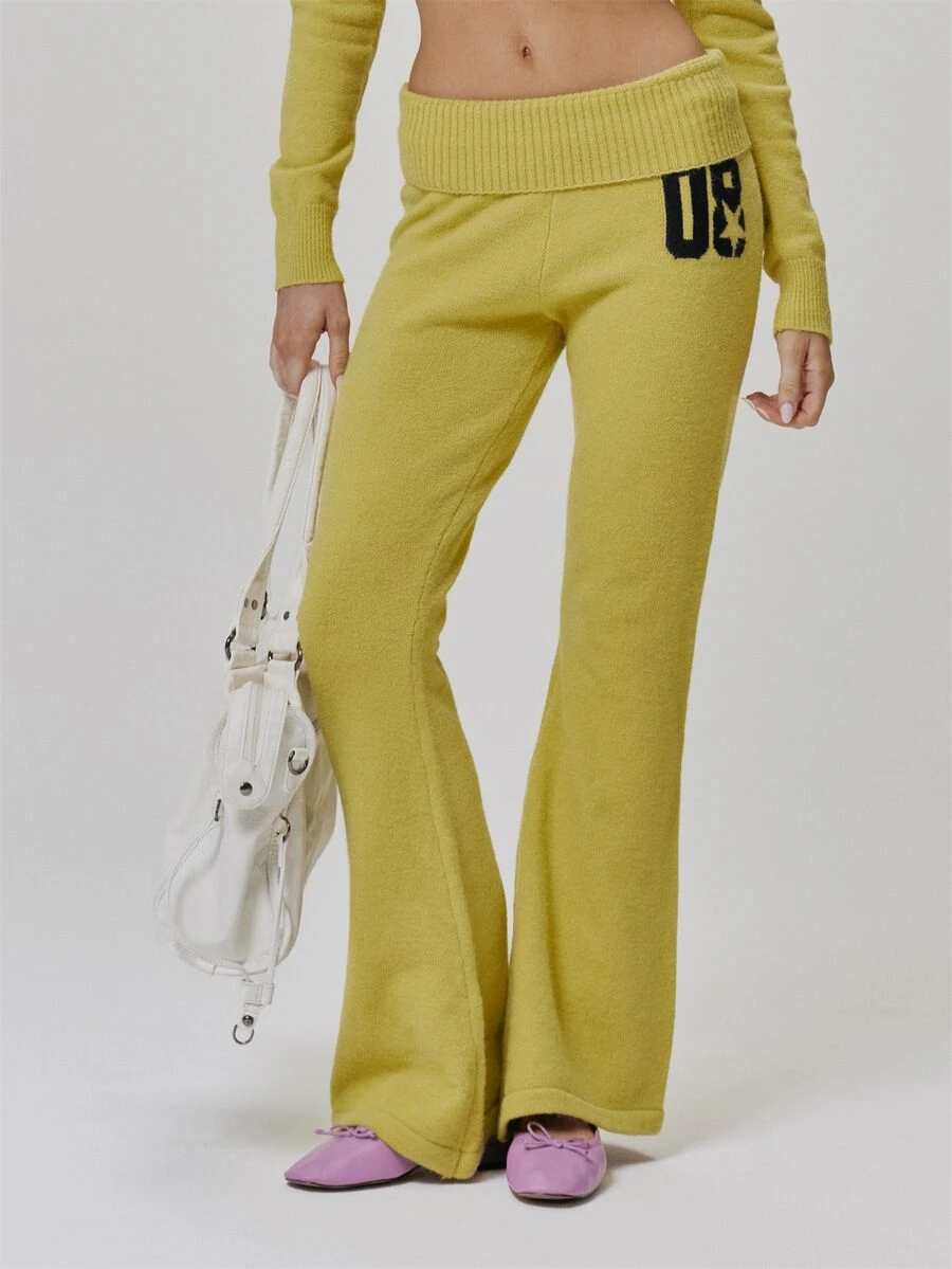 MUSERA Fold Over Ribbed Low Waist Graphic Knitted Fitted Flare Jogger Cute Daily Vintage Y2K Back To School Primary - Yellow - View 1