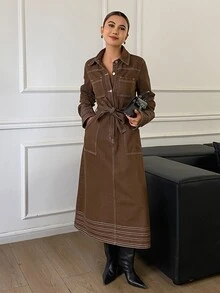 DAZY Women's Long Sleeve Single-Breasted Multi-Pocket Casual Denim Shirt Dress - Brown - View 5