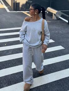 Muchica Autumn New Plus Size Women's Asymmetric Shoulder Plus Size Fluffy Fleece Elastic Loose Casual Sweatshirt And Sweatpants 2 Pieces Set - Light Grey - View 1