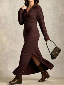 Linhara CURVE Autumn/Winter Plus Size Ribbed Knit Long Dress, Turn-Down Collar, Side Slits, Slimming Long Sleeve Polo Dress - Brown - View 5