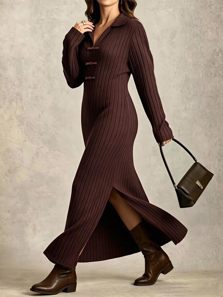 Linhara CURVE Autumn/Winter Plus Size Ribbed Knit Long Dress, Turn-Down Collar, Side Slits, Slimming Long Sleeve Polo Dress - Brown - View 5