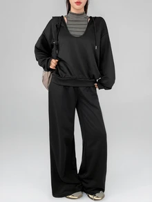 DAZY Women's Striped Halter Tank Top And Long Sleeve Hooded Sweatshirt With Loose Pants Sports Set - Black - View 2