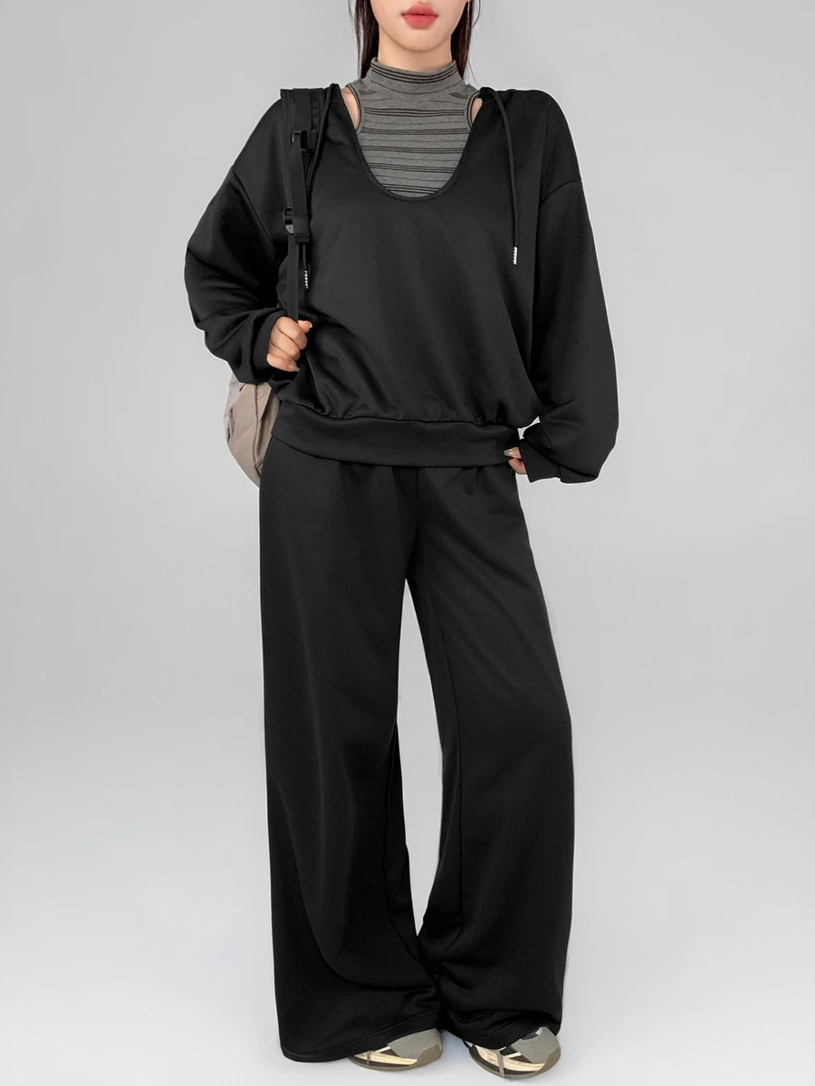 DAZY 女款條紋掛脖背心上衣與長袖連帽衛衣寬鬆長褲運動套裝 - 黑色 - 查看 1