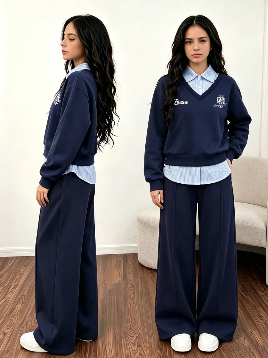 SHEIN Girls' Navy Blue 2 In 1 Striped Polo Collar Half-Button Long Sleeve Sweatshirt + Straight Leg Wide Leg Pants 2-Piece Casual Set, College Style Colorbl - Multicolor - View 1