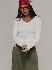 Musera Sport V Neck Ruched Tie Edges Long Sleeve Top Active Outdoors Workout Gym Terra Peak - White - View 2