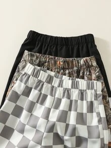 SHEIN 3件組男童寬鬆梭織長褲，秋冬款，夏季返校休閒口袋印花與素色圖案，舒適運動校園褲 - 灰色 - 查看 3