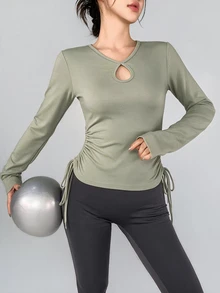 DAZY Women's Solid Color Pleated Casual Daily Long Sleeve Sports T-Shirt - Mint Green - View 3