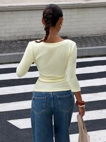 Muchica Women's Solid Color Fitted Versatile Daily Long Sleeve T-Shirt - Cream - View 2