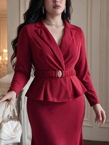 Vibekara Burgundy Suit Collar 2 Pieces Set, Party Dress With Cinched Waist Ruffle Top And Mermaid Skirt, Elegant Outfit - Burgundy - View 4