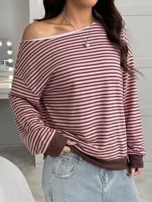 SHEIN EZwear 女款衛衣，秋季服飾，不對稱肩粉色與棕色條紋返校大學風衛衣，休閒極簡運動街頭風百搭派對聚會機場穿搭Y2K上衣，秋季穿搭，女款通勤穿搭，百搭上衣，外出穿搭，機場穿搭 - 彩色 - 查看 4