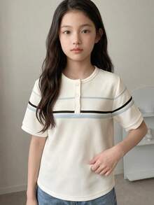 DAZY Basic Collared Striped Colorblock Short Sleeve T-Shirt For Tween Girls - Beige - View 2