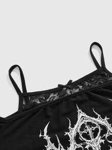ROMWE Plus Size Dark Gothic Forest Crow & Withered Tree Pattern Off-Shoulder Contrast Lace Black Gothic Vine Loose Sweatshirt - Black - View 3