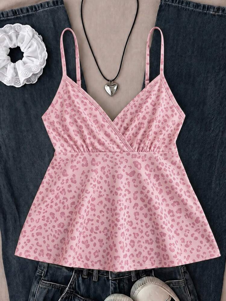 Pink Tones, Vintage American Fashion Pink Leopard Print Pattern, Women's Teen Casual Cross Strap Top Suitable For Autumn/Winter Daily, Holiday, Outing, Campus, Sports, Street Chill, Autumn/Winter New Arrival, American High Street, Sweet Cool Lazy, Relaxed Fashion - White - View 4