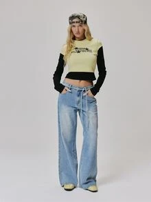 MUSERA Blue Denim Tie Waist Mid Rise Straight Leg Jeans Fall Autumn Winter Coolgirl Style Casual - Light Wash - View 2
