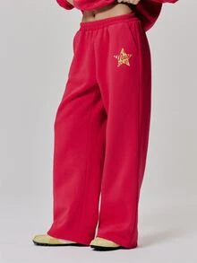 MUSERA Elasticated Waist Graphic Printed Loose Fit Cuffed Jogger Cute Daily Vintage Y2K Back To School Primary - Red - View 3