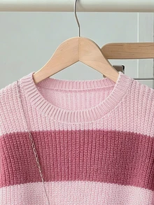 SHEIN 女童針織毛衣，青少年女孩圓領卡其色與咖啡色條紋套頭毛衣，設計感針織毛衣，柔軟針織，簡約內搭層，適合秋冬，休閒長袖上衣，適用於外出、派對、拍照與玩耍 - 彩色 - 查看 5
