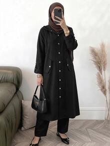 Solavon Women's Solid Color Front Button Hooded Jacket And Pants Arabic Outfit Set - Black - View 1