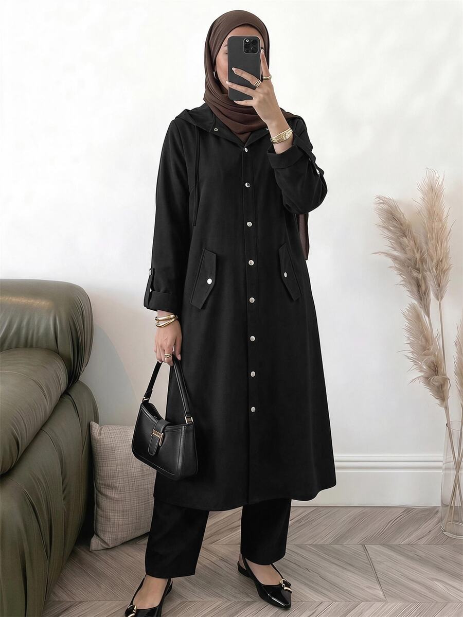 Solavon Women's Solid Color Front Button Hooded Jacket And Pants Arabic Outfit Set - Black - View 1