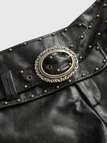 ROMWE Hippie Sexy Hot Girl Low Waist Bodycon PU Rivet Women's Shorts - Black - View 4