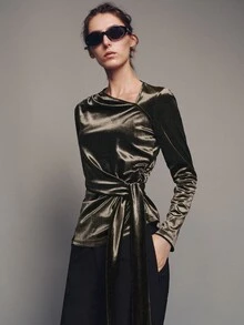 MOTF PREMIUM Combined Structure Strappy Long Sleeve Velvet Top, Autumn/Winter - Coffee Brown - View 3