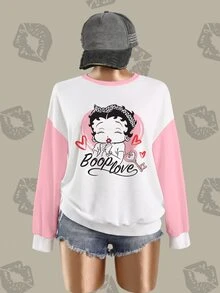 Betty Boop x SHEIN بلوزة رياضية كاجوال يومية بأكمام طويلة وياقة دائرية بنقشة كرتونية مقاس كبير - أبيض - مشاهدة 3