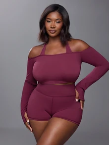 Voyena Women's Plus Size Solid Color Off-Shoulder Halter Neck Long Sleeve T-Shirt And Shorts Sports Set - Burgundy - View 6