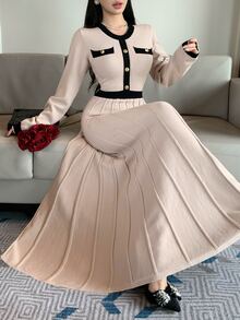 DAZY Women's Color Block Round Neck Long Sleeve Button Design Elegant Knit Dress - Apricot - View 3