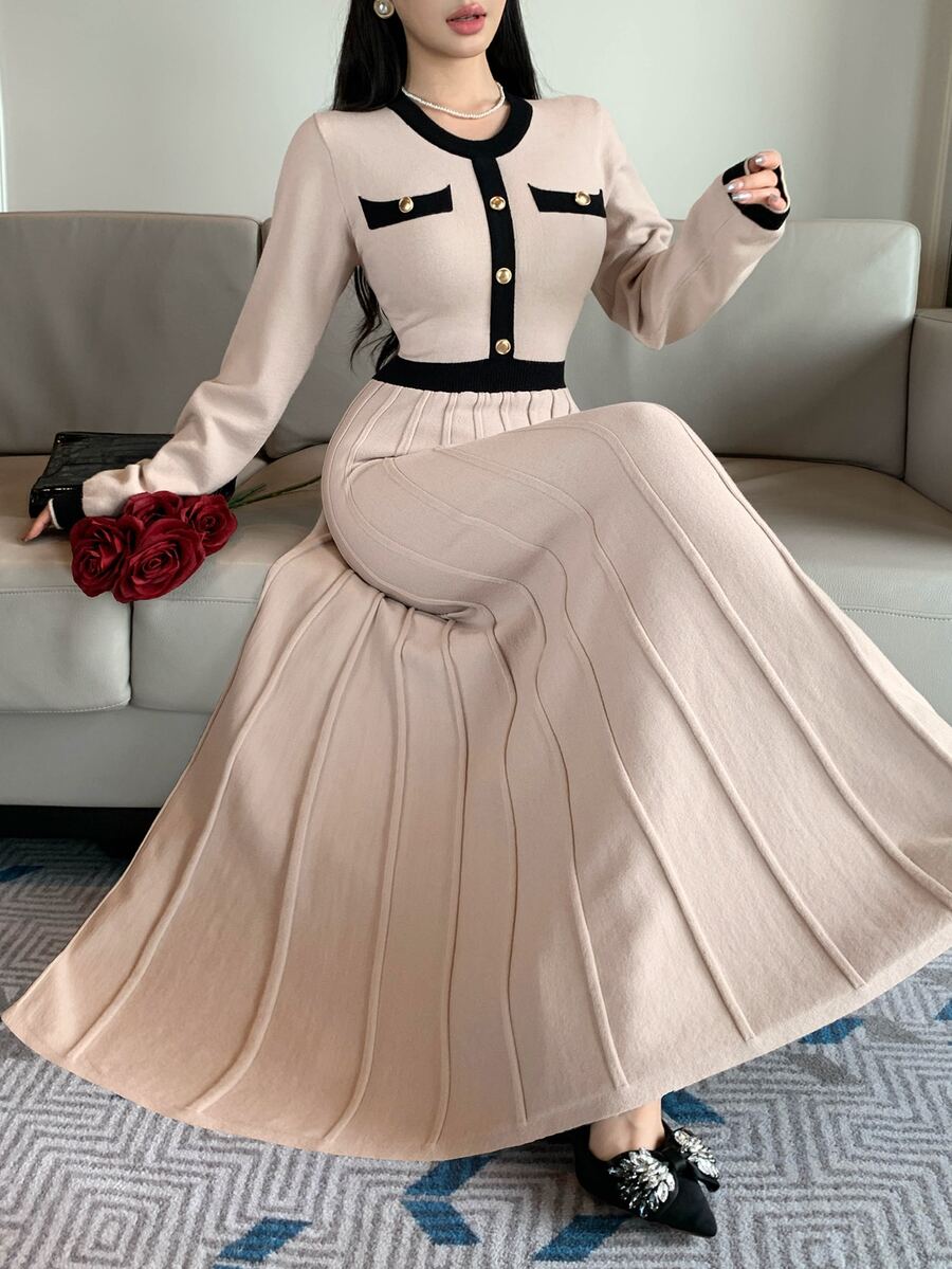 DAZY Women's Color Block Round Neck Long Sleeve Button Design Elegant Knit Dress - Apricot - View 1