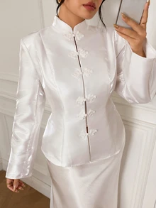 EastFlair Plus Size Women's Elegant Blazer Jacket With Frog Button Placket And Long Sleeves - White - View 5
