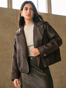 Anewsta Women Oversized Faux Fur Collar Faux Leather Cropped Jacket - Brown - View 5