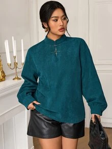 EastFlair Plus Size Women's Elegant Long Sleeve Top With Frog Button Front Fall - Green - View 2