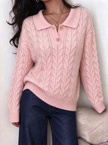 Autumina Áo len nữ cổ polo dệt vặn thừng vai trễ tay dài phong cách thường ngày - Hồng - Xem 3