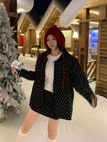 DAZY Women's Polka Dot Pattern Long Sleeve Single-Breasted Knit Cardigan And Knit Skirt Casual Set - Black - View 1