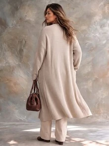 Ceyna Plus Size Women's Fashion Mid-Length Cardigan Sweater With Pockets, Casual Versatile Daily Autumn/Winter Outerwear - Apricot - View 2