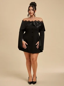 SHEIN BAE CURVE فستان نسائي مقاس كبير باللون الأسود بأكمام قصيرة وأكمام طويلة - الأسود - مشاهدة 2