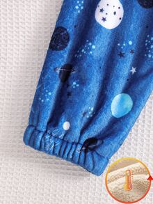 Set Pakaian Santai 2 Potong Minimalis dengan Motif Cetak Seluruh Permukaan, Bahan Plush, dan Elemen Antarbintang yang Keren, Atasan Lengan Panjang Kerah Bulat dan Celana Panjang Kasual - Biru - View 1