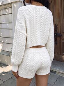 FavEase Women's Solid Color Long Sleeve Top And Shorts Knit 2 Pieces Set - White - View 2